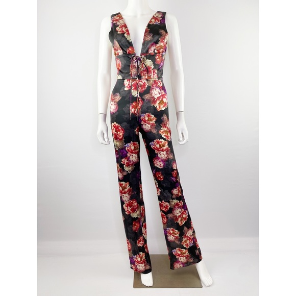LPA Pants - LPA Size XS Black Floral Sleeveless Deep V-Neck Silk Satin Jumpsuit